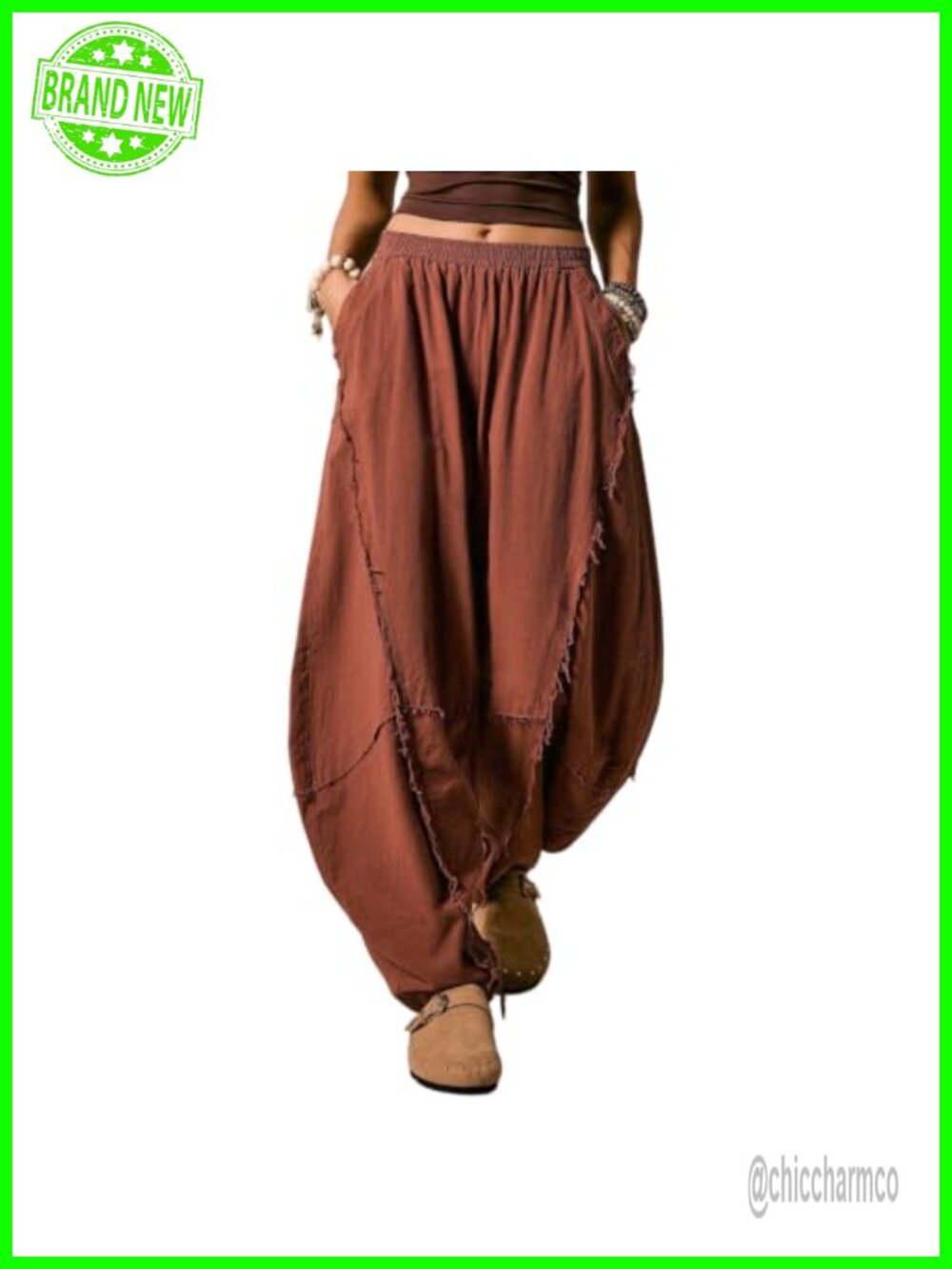 Wide Leg Palazzo Trousers Elastic Waist Flared Frayed Hem Pull On